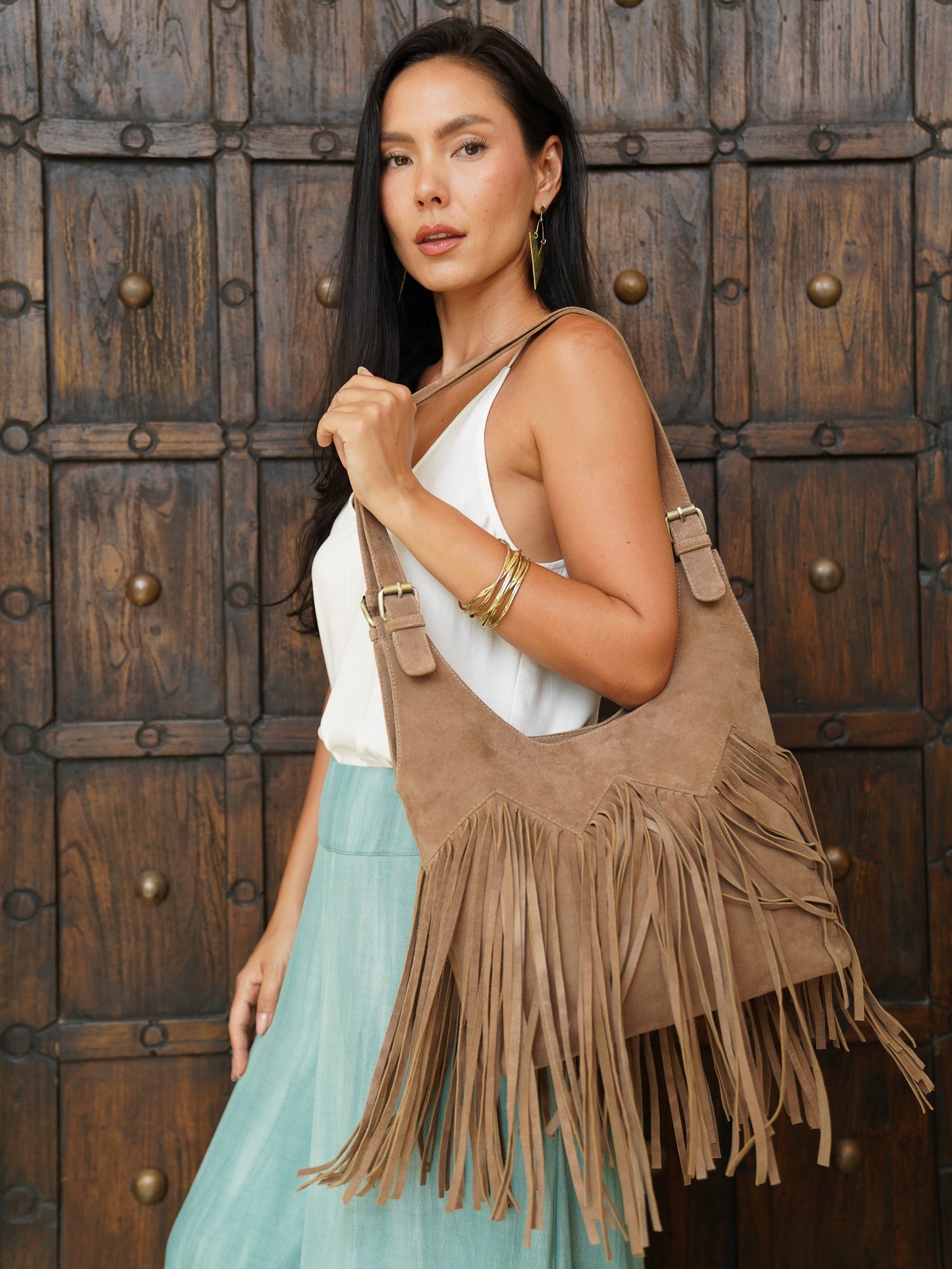NOMADA FRINGE PURSE TAUPE